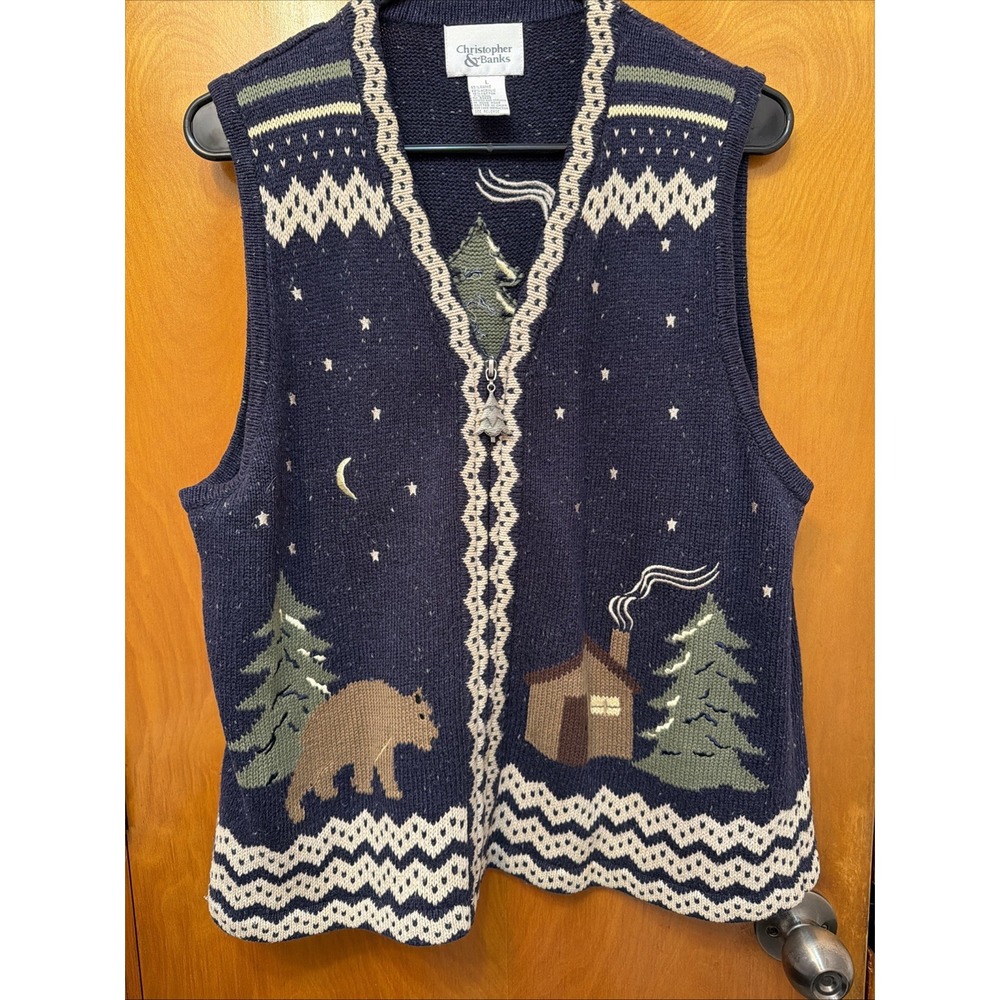 Christopher & Banks Vintage Bear Cabin Starry Night Knit Sweater Vest Size L